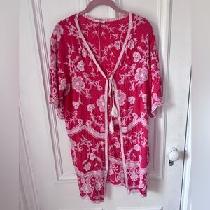 Women’s Solitaire Tie Front Short Sleeve Coral Crochet Beach Bathing Coverup L